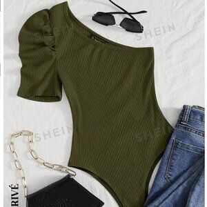 SHEIN‎ Privé One Shoulder Puff Sleeve Ribbed Knit Bodysuit Sz L